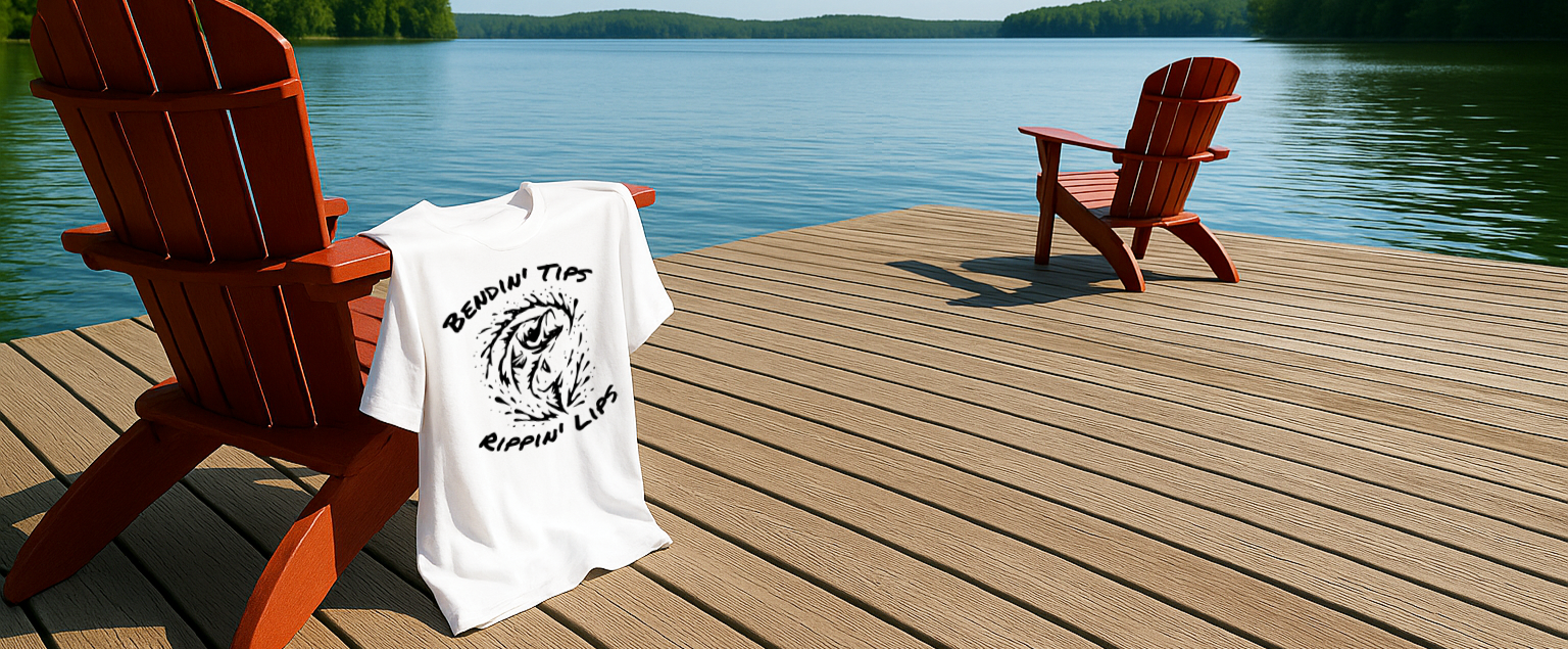 Two red Adirondack chairs on a wooden deck by a lake with a white t-shirt draped over one of them.