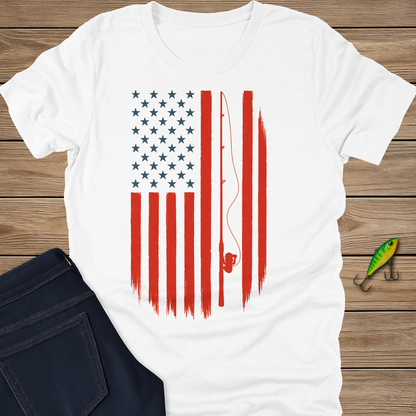 Red, White, and Rods fishing T-shirt in Heather Cement
