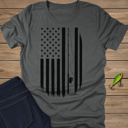 Red, White, and Rods fishing T-shirt in Heather Slate