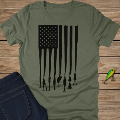 Stars, Stripes, and Lures fishing T-shirt in Heather Cardinal