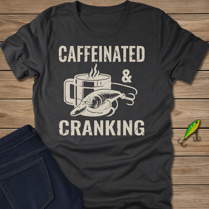 Caffeinated and Cranking fishing T-shirt in Heather Military Green