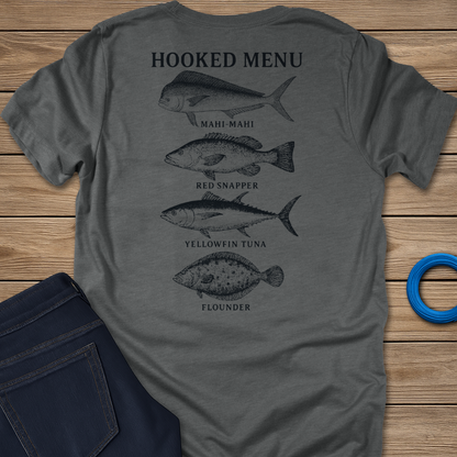 Hooked Menu fishing T-shirt in Heather Stone